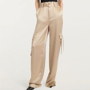cinq a sept Satin Wide-Leg Cargo Pants in Beige
